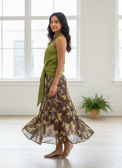 Satin Halter Top & Floral A-Line Skirt