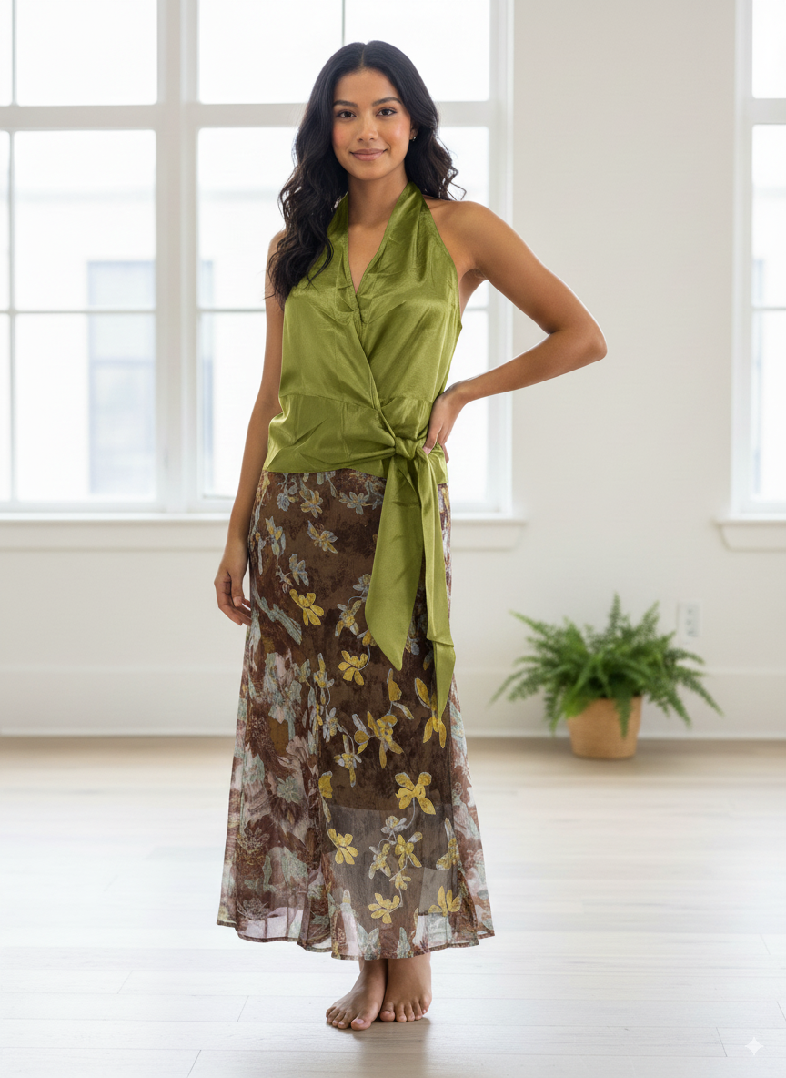Satin Halter Top & Floral A-Line Skirt