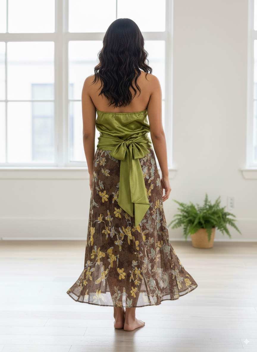 Satin Halter Top & Floral A-Line Skirt