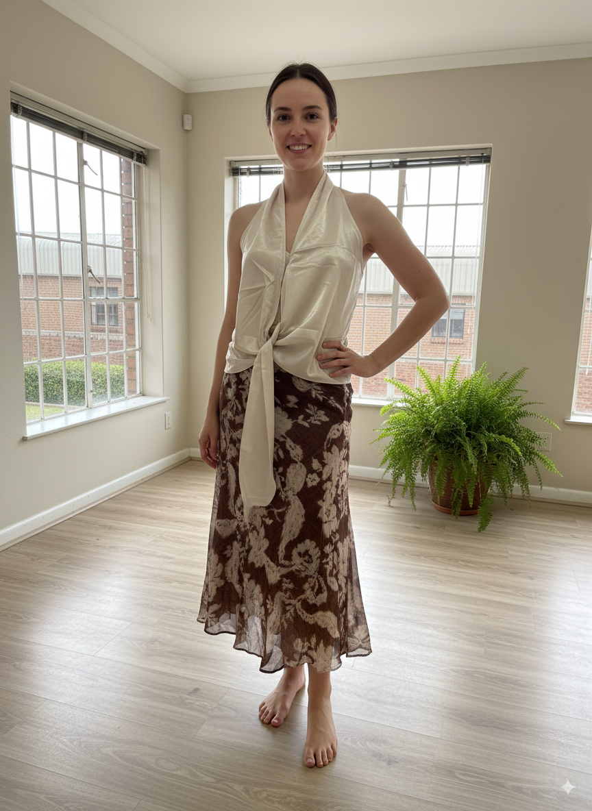 Ivory Satin Halter & Chocolate Floral Skirt Set