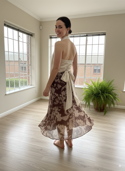 Ivory Satin Halter & Chocolate Floral Skirt Set